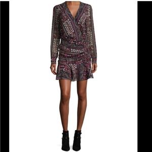Veronica Beard Edison Ruched Printed Chiffon Long Sleeve Mini Dress